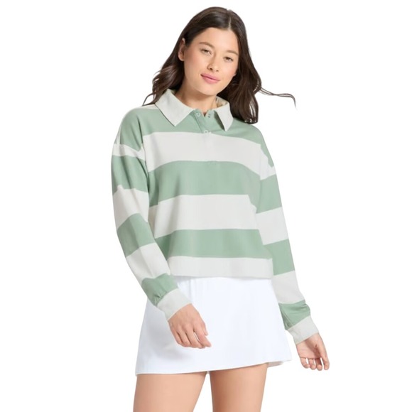 all in motion Tops - All in‎ Motion Women's Modal French Terry Green Striped Polo Sweatshirt Size XL